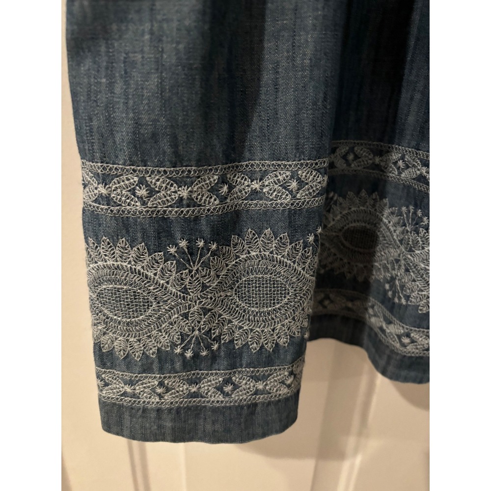 J Jill Embroidered Denim Dress Blue 3/4 Sleeve Casual Boho Chic Sz Small - Picture 2 of 6